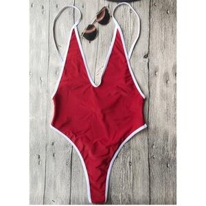 Red One Piece Swimsuit with White Trim